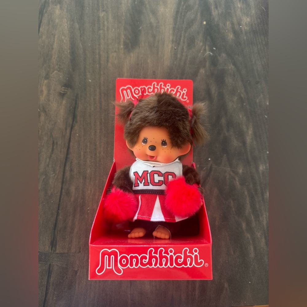 Monchhichi Cheerleader Plush Toy with Red and Brown Outfit